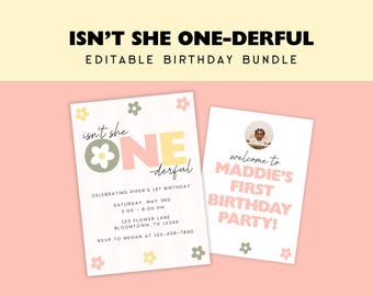 Isn’t She ONE-derful First Birthday Party Bundle | Editable Canva Invite, Milestone Chart & Signs | Girl 1st Birthday