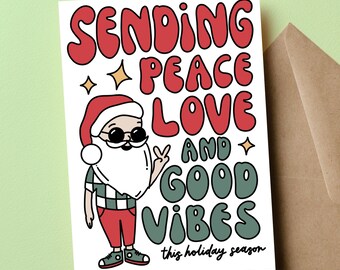 Retro Santa Card, Retro Christmas, Good Vibes Christmas, Funny Christmas Card, Cool Santa, Sending Peace Love and Good Vibes, Peace Sign