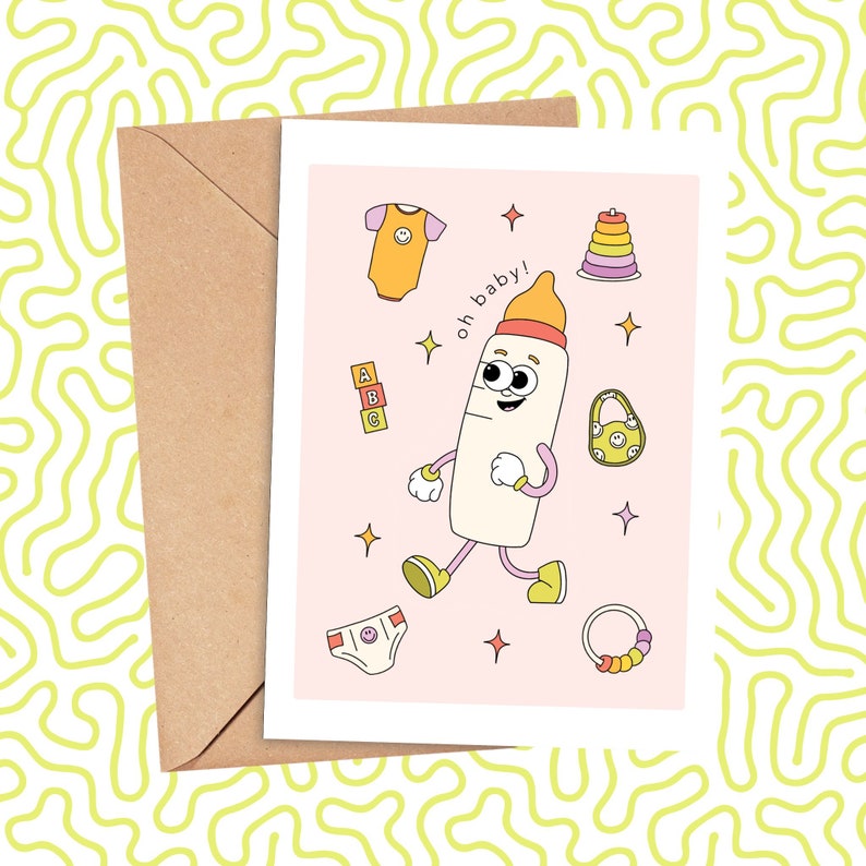 Oh Baby Cartoon Bottle Card, Pregnancy Card, Newborn Card, Baby Shower Card, New Baby Gift, Gift for New Parents, Congratulations Card image 1