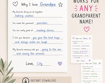 Why I Love Grandpa Printable, Grandparent Questionnaire for Kids, Printable Keepsake Gift, Nana Papa Mimi Grandma Interview Sheet PDF