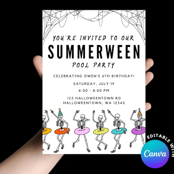 Editable Summerween Party Invitation: Dancing Skeletons Pool Party (5x7in, Digital Download)