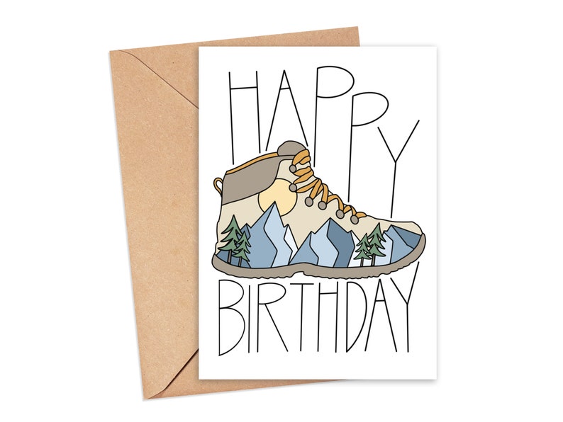 Hiking Birthday Card, Outdoor Birthday Card, Happy Birthday with Hiking Boot and Mountains for Outdoor Enthusiast, Gift for Outdoor Lover image 3