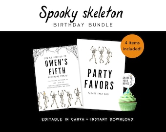 Skeleton Birthday Party Bundle | Spooky Halloween Editable Canva Invite (Digital Download)