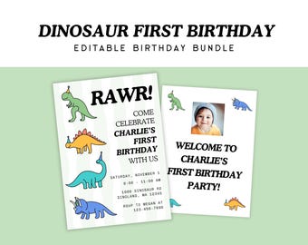 Dinosaur First Birthday Party Starter Set | Editable Canva Invite, Milestone Chart & Party Signs | Dino 1st Birthday