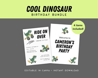 Cool Dinosaur Birthday Party Bundle, Dino Monster Truck Invite, Skateboard Dinosaur Party, Race Car Dino Birthday, Kids Dinosaur Party