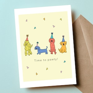 C'est l'heure pour Pawty, fête des chiots, carte d'anniversaire de chien, carte avec des chiens, cadeau d'anniversaire pour amoureux des chiens, chien viennois, gribouillage doré, cadeau de maman de chien