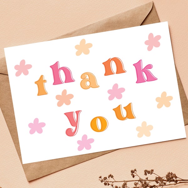 Pink Thank You Card, Girl Baby Shower, Graduation, Retro Theme, Neon Pink and Orange, Flower Thank You