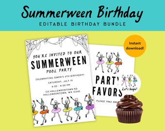 Summerween Birthday Party Bundle, Editable Halloween Pool Party Invite, Skeleton Pool Party Decorations, Spooky Summer Birthday Template