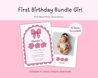 Pink Bow First Birthday Bundle Girl, 1st Birthday Invitation Set, Milestone Banner First Year, Welcome Sign, One Birthday Party Decorations