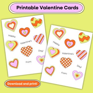 Druckbare Valentinstagskarten mit bunten Herzen, Valentinstagskarten für Schulkinder, Valentinstagskarten für Mädchen, druckbare Valentinstagskarten für Kinder