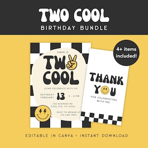 Two Cool Birthday Party Bundle, Smiley Face 2nd Birthday Invite and Signs, Two Cool Party Decorations Printable