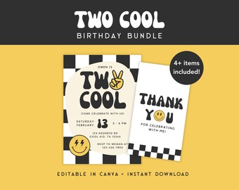 Two Cool Birthday Party Bundle, Smiley Face 2nd Birthday Invite and Signs, Two Cool Party Decorations Printable