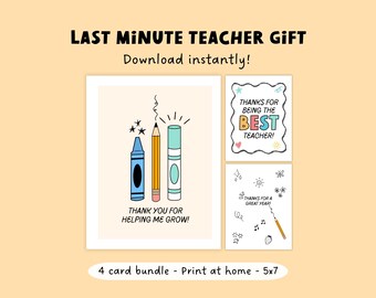 Last Minute Teacher Gift Printable Cards | Print at Home Teacher Thank You Cards | 5x7 Instant Download