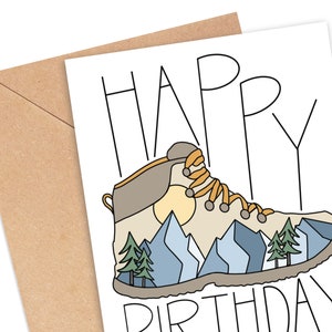 Hiking Birthday Card, Outdoor Birthday Card, Happy Birthday with Hiking Boot and Mountains for Outdoor Enthusiast, Gift for Outdoor Lover image 2