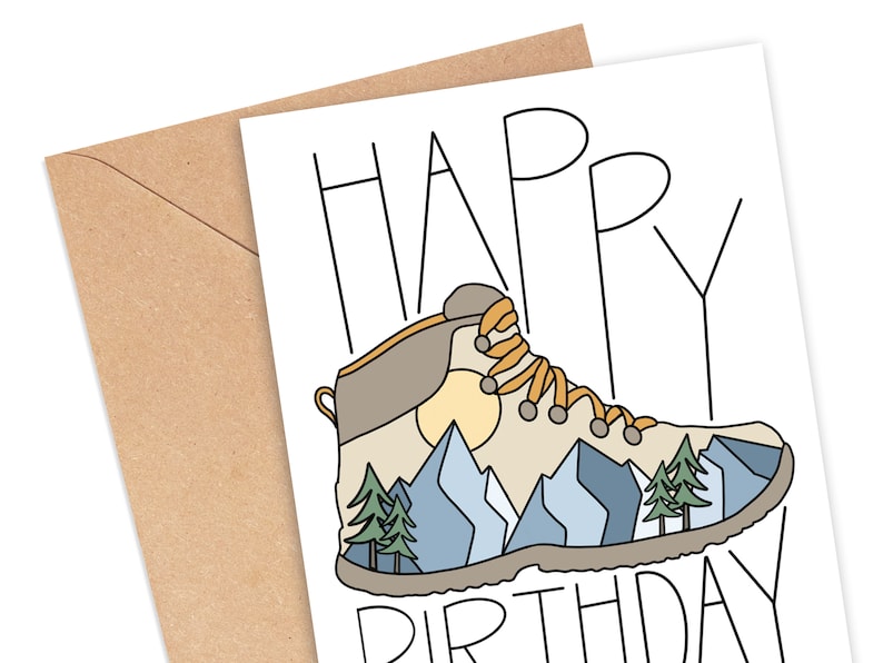 Hiking Birthday Card, Outdoor Birthday Card, Happy Birthday with Hiking Boot and Mountains for Outdoor Enthusiast, Gift for Outdoor Lover image 2