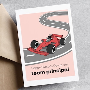 Carte de fête des pères F1 Racing, célébrez votre directeur d'équipe, cadeau parfait pour un papa de sport automobile