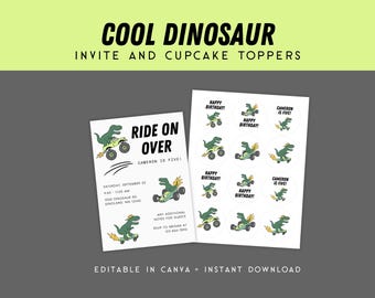Cool Dinosaur Birthday Invitation, Dino Monster Truck Invite, Skateboard Dinosaur Party Invite, Dinosaur Cupcake Toppers Printable