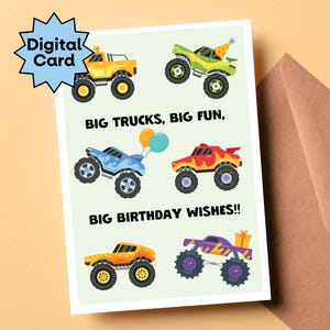 Tarjeta de cumpleaños imprimible de Monster Truck para niños, tarjeta de cumpleaños temática de Monster Truck, fiesta de cumpleaños de camión grande, tarjeta de cumpleaños para niño