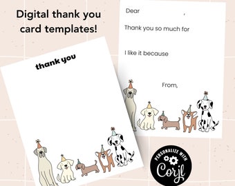 Dog Birthday Thank You Card, Dog Theme Birthday, Doggy Birthday Party, Puppy Party, Kid's Birthday, Customizable Thank You, Editable