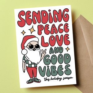 Carte de Noël groovy, père Noël rétro, bonnes vibrations de Noël, carte de Noël drôle, père Noël cool, envoi d'amour de paix et de bonnes vibrations, signe de la paix