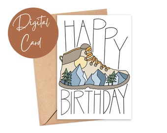 Afdrukbare wandelschoen Happy Birthday Card, buitenwandelschoen met bergen digitale download, thuis afdrukken