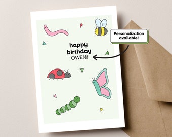 Happy Birthday Bugs Card, Butterfly Cards, Ladybug, Ants, Insect Birthday Card, Customizable Birthday Card, Kids Birthday Card