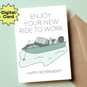 Carte de bonne retraite imprimable pour pêcheur, profitez de votre nouveau bateau de pêche pour aller au travail, cadeau de retraite amusant pour homme, carte de collègues