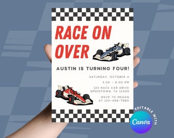May include: A birthday invitation with a racing theme. The words "Race On Over" are in red, with two race cars illustrated below. The invitation is for Austin's fourth birthday, with event details and RSVP information.