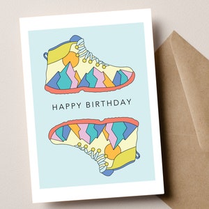Hiking Birthday Card, Outdoor Birthday Card, Happy Birthday with Hiking Boot and Mountains for Outdoor Enthusiast, Gift for Outdoor Lover