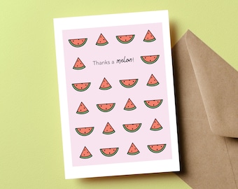 Thank You Cards, Thanks a Melon, Cute Watermelon Cartoon, Watermelon Gifts, Thank You Gifts, Summer Cards, Watermelon Slice, Punny Thank You