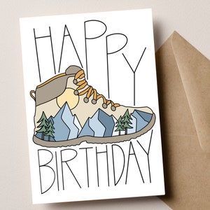 Carte d'anniversaire de randonnée, carte d'anniversaire en plein air, joyeux anniversaire avec chaussure de randonnée et montagnes pour les amateurs de plein air, cadeau pour les amateurs de plein air