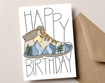 Hiking Birthday Card, Outdoor Birthday Card, Happy Birthday with Hiking Boot and Mountains for Outdoor Enthusiast, Gift for Outdoor Lover