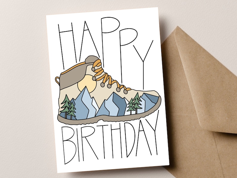 Hiking Birthday Card, Outdoor Birthday Card, Happy Birthday with Hiking Boot and Mountains for Outdoor Enthusiast, Gift for Outdoor Lover image 1