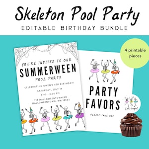 May include: A party invitation and party favors set with a skeleton pool party theme. The invitation reads "Summerween Pool Party" with event details. The party favors card says "Party Favors" with skeleton illustrations. A cupcake is also included.