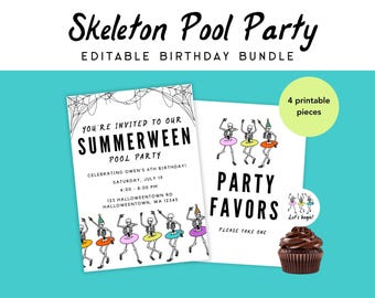 Skeleton Pool Party Birthday Bundle Template, Summerween Birthday Party Decorations, Editable Skeleton Birthday Invite