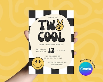 May include: A birthday party invitation with a checkered background. The invitation says "Owen is Two Cool" with a peace sign and a smiley face with lightning bolts. The invitation includes the date, time, and address for the party.
