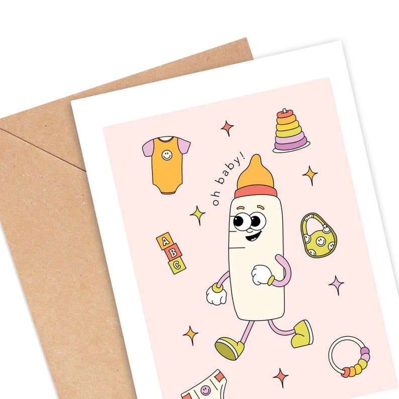 Oh Baby Cartoon Bottle Card, Pregnancy Card, Newborn Card, Baby Shower Card, New Baby Gift, Gift for New Parents, Congratulations Card image 3