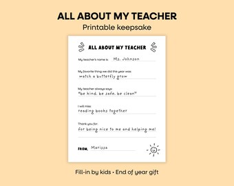 All About My Teacher Printable | End of Year Teacher Keepsake | Fill In Worksheet for Kids | Teacher Appreciation Printable Gift