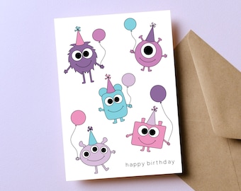 Little Monster Birthday Card for Kids, Cute Purple Monsters, Fun Monster Theme Party & Celebration Card