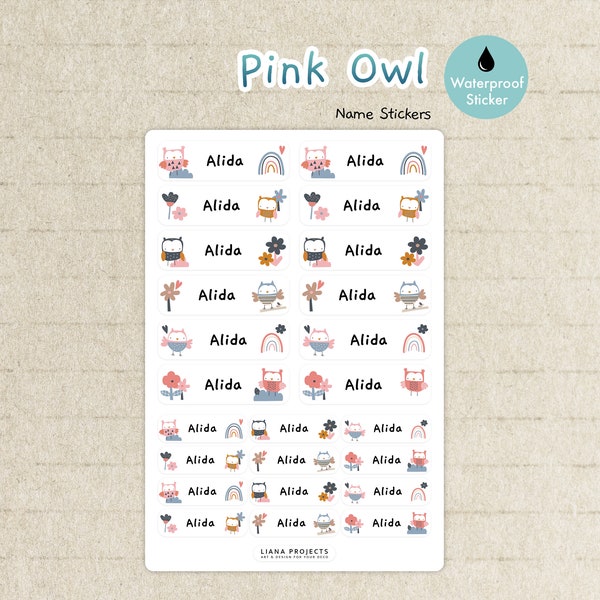 Pink Owl Name Stickers | 48 Name Label Stickers  | School supply labels |  Name Stickers | Name labels | Daycare Label | Waterproof