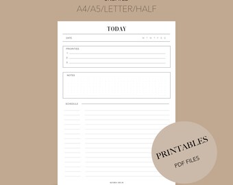 Daily planner printable / undated / A4, A5, Letter, Half size / daily schedule / Minimalist