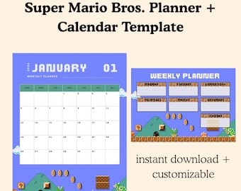 Super Mario Bros. Planner and Calendar Canva Template | Instant Download | Mario Kart Digital | Printable