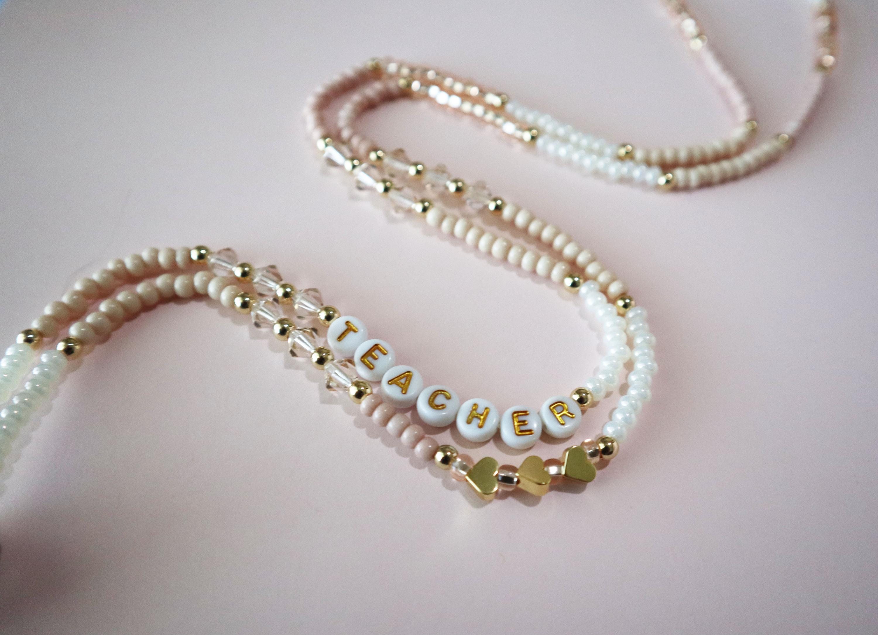 Beige Beaded Teacher Lanyard, Personalizable Lanyard, Beaded Lanyard, Personalized, Teacher Lanyard, Custom Badge Holder, MakingMoniCo