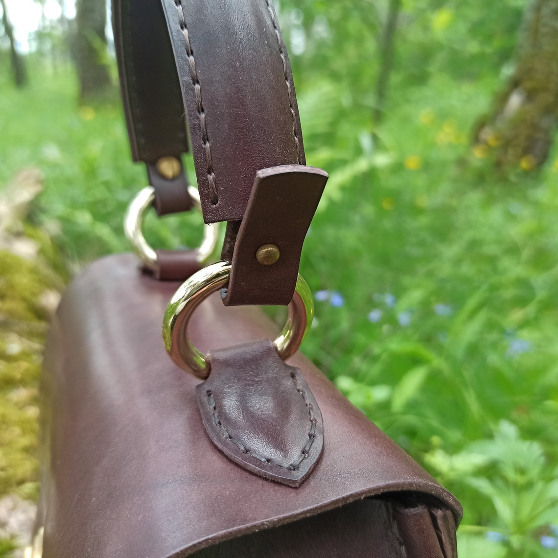 Top handle leather bag with brass closure | Etsy