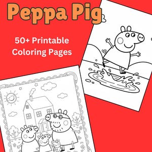 Può includere: Due pagine da colorare stampabili con i personaggi di Peppa Pig. Una pagina mostra Peppa Pig che salta in una pozzanghera, l'altra raffigura la famiglia di Peppa Pig davanti alla loro casa. Le parole "Peppa Pig" e "50+ Printable Coloring Pages" sono visualizzate.