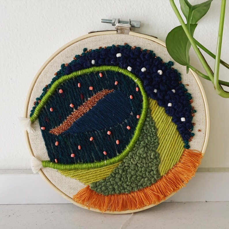 Custom modern embroidery designs on 6-inch diameter hoops