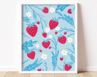 Summer Strawberries Print - Strawberry Illustration Art, Fruit Print, Kitchen Print, Kitchen Wall Art, Abstract Strawberry Print
