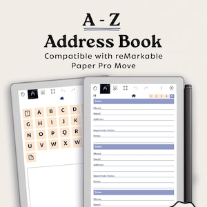 May include: Digital address book for reMarkable tablets. The image shows two tablets with an A-Z address book layout. The text on the screen includes fields for name, phone, email, and address. The design is compatible with Paper Pro Move and has 144 hyperlinked pages.