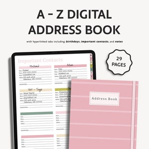 Peut inclure: Un carnet d'adresses numérique de 29 pages. La couverture est rose avec des rayures blanches. Les pages intérieures sont blanches avec des accents verts, jaunes et roses. Le carnet comprend des onglets pour les contacts importants, les anniversaires et les notes.