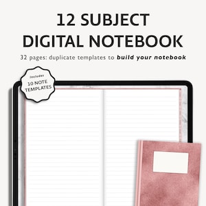 May include: A digital notebook with 12 subject tabs, 32 pages, and 10 note templates. The notebook is open on a tablet screen with a pink and white marble background. The notebook is also shown as a closed book with a pink cover.